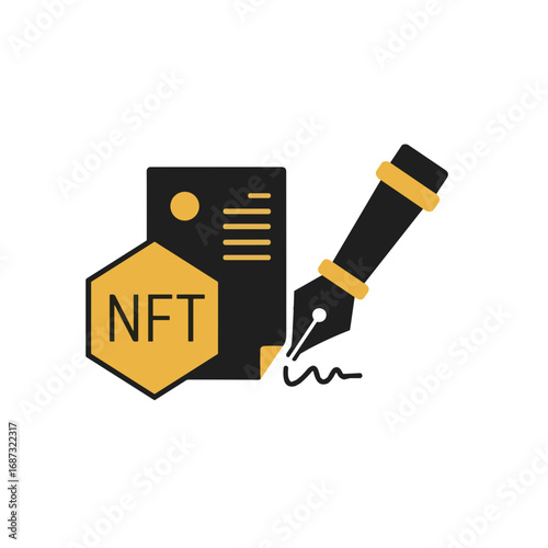 NFT icon, digital document symbol, fountain pen concept, asset notarization services