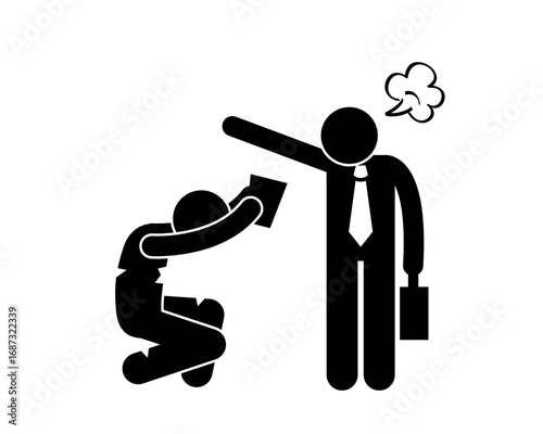 Stick figure illustration of a boss scolding and firing a begging employee in a business conflict