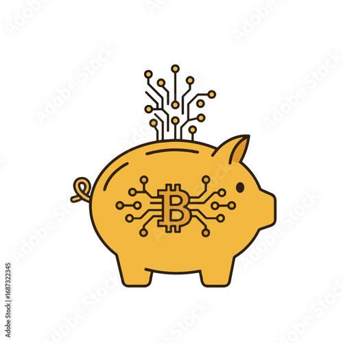 Piggy bank icon, cryptocurrency symbol, digital brain design, crypto education for seniors