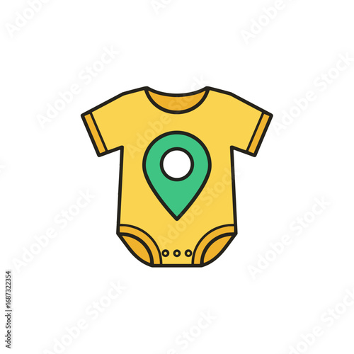 Baby onesie icon, location pin symbol, local baby clothes swap platforms concept