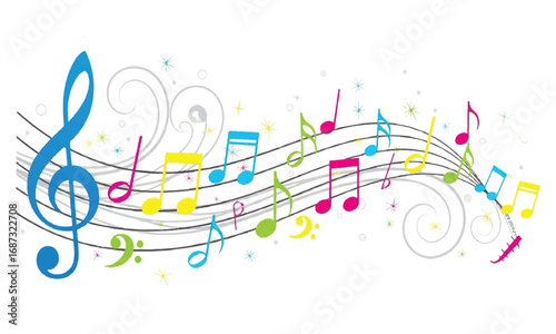 Colorful musical notes illustration on white background. Decorative design element.