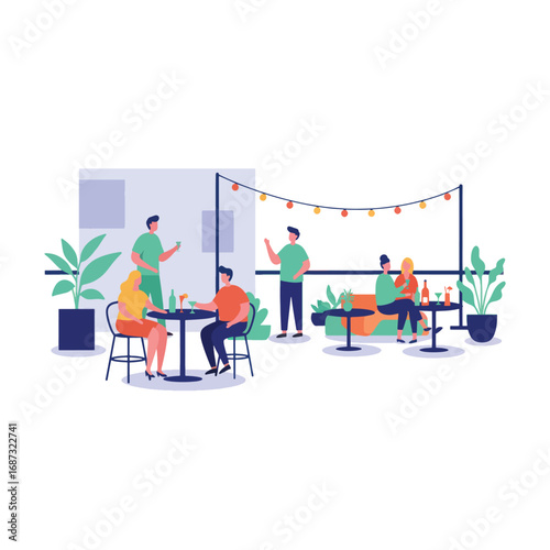 Rooftop gathering with people enjoying drinks and conversation