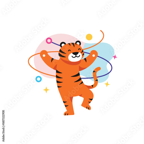 A cartoon tiger is depicted holding a hula hoop