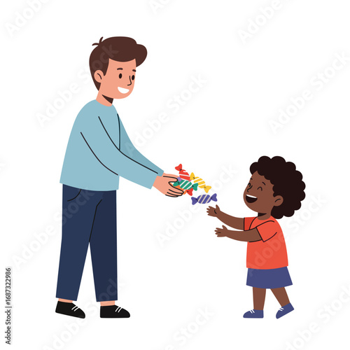 A man gives a child wrapped candies