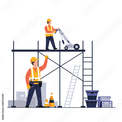Construction workers on scaffolding with equipment and supplies