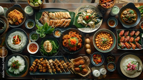 Exquisite Thai Cuisine Banquet Spread with Artfully Arranged Dishes in Traditional Pottery