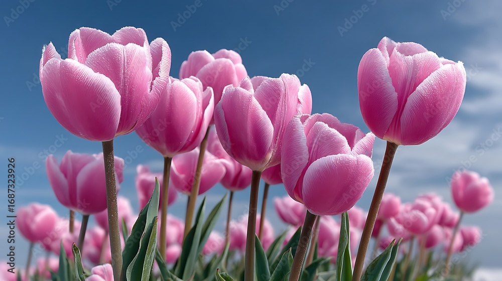 Fototapeta premium Vibrant pink tulips blooming under a clear blue sky in a serene garden setting.