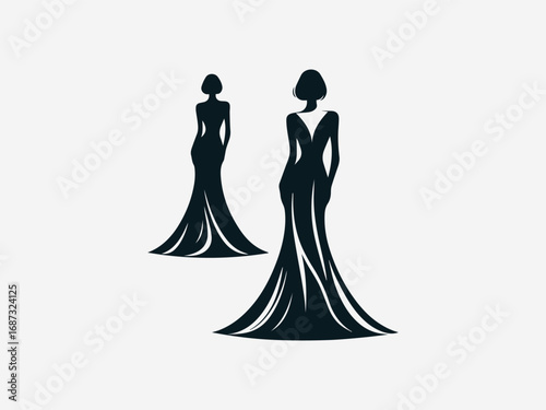 Elegant woman in flowing gown vector logo design with floral decoration