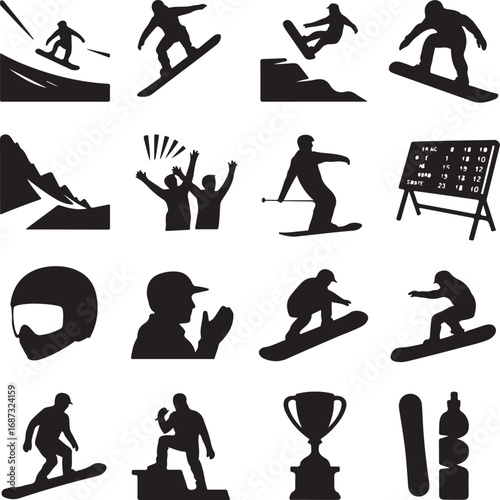 Snowboarding and Winter Sports Icons Set With Snowboarder and Equipment illustration