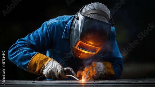 Welder in protective helmet and gloves welding metal, sparks flying and a bright arc lighting the scene.