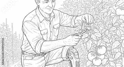 Man gardening by pruning tomatoes on his farm shows dedication to his work. Person gardening in his tomato garden.