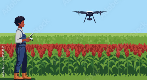 Drone technology for modern farming shows farmer operating drone over field. Advanced drone technology improves agriculture in field environment, providing real time data.