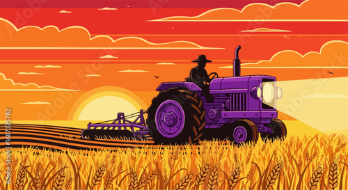 Tractor plowing field at dusk displays an agricultural scene, featuring farm tractor in silhouette against a sunset. Agricultural farm scene also shows plowing of field to prepare ground for planting,