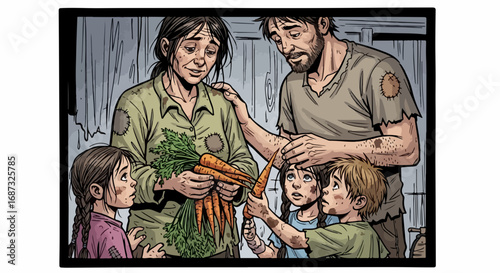 Graphic illustration of a family holding carrots and looking sad, expressing post-apocalyptic hardship. Family shows resilience despite economic crisis, depicted with muted colors,