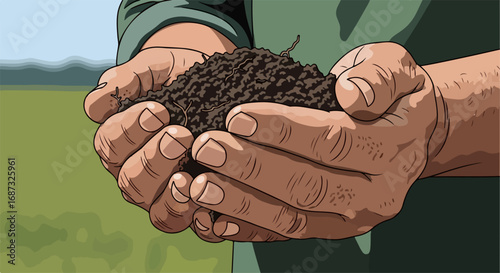Rich soil in hands of farmer. Dark brown soil held carefully, symbolizing agriculture and growth.  Farming concept image showcasing fertile land ideal for planting seeds,