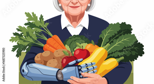 Woman with prosthetic arm holding fresh produce.  Healthy lifestyle choice with colorful vegetables and fruits.  Person with disability enjoying nutritious food.