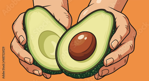 Two avocado halves in hands, showcasing creamy texture and large pit. Ripe avocado fruit with healthy fats, perfect for guacamole or toast.  Delicious avocado image ideal for food blogs,