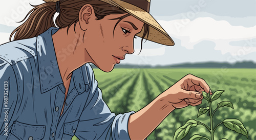 Woman farmer inspecting crops in vast field.  Diligent agriculture professional carefully examining plants, ensuring healthy growth and high yield.