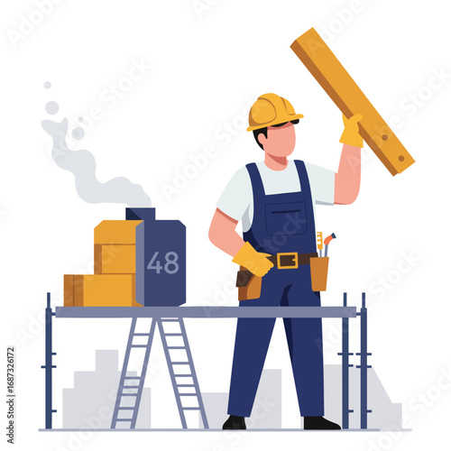 Construction worker in hard hat and overalls holds a wooden plank