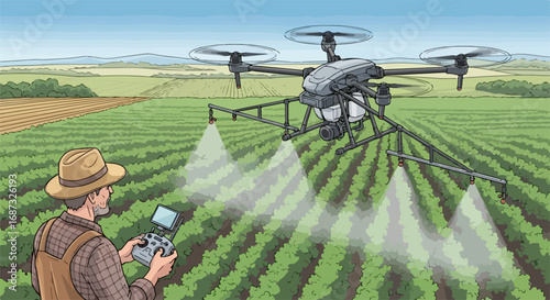Precision agriculture using drone spraying crops in field. Farmer controls drone with remote control spraying pesticide over rows of plants.