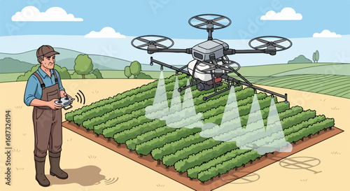 Precision agriculture with drone spraying crops in field. Farmer controls smart drone for efficient irrigation and pesticide application.