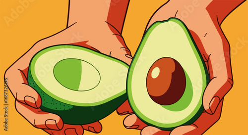 Halved avocado in hands, showing ripe green flesh and large brown seed. Fresh avocado halves, perfect for healthy eating and culinary uses.  Concept avocado image for food blogs, restaurant menus,