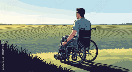 Man in wheelchair contemplating nature, peaceful wheelchair existence in vast field with horizon. Peaceful scene includes vast field with grass and blue sky, symbolizing resilience.