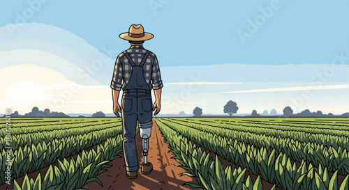 Disabled farmer with prosthetic leg walks across farmland, looking at crops. Disabled farmer wearing hat and work clothes is confident.