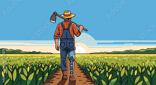 Farmer with prosthetic leg walking through green field, farmer with prosthetic leg, wearing hat and overalls, carries hoe over shoulder.