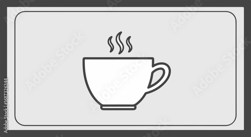 Single cup of coffee, a minimalistic illustration with steaming beverage in simple black lines on gray background.