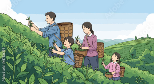 Tea harvest scene showcasing tea plantation workers on lush hillside, family picking tea leaves, capturing essence of rural life. Tea harvest is time honored tradition,