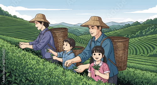 Tea plantation family working hard and harvesting tea leaves on hillside with terraced fields. Tea plantation life illustrated here with children participating in harvest.