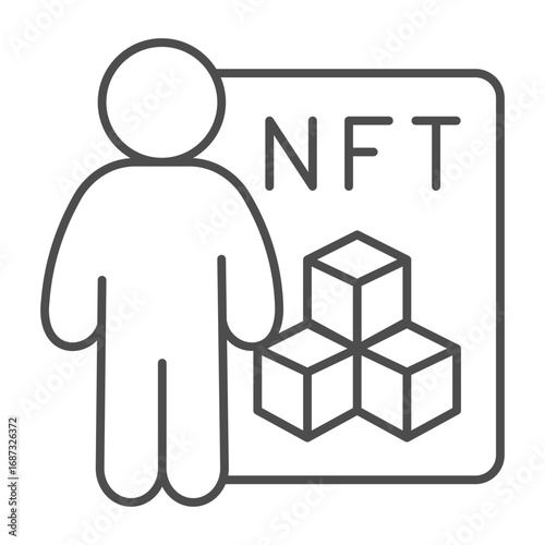 Non fungible token file and artist man thin line icon, NFT multiverse concept. Vector graphics. Famous person artwork file sign on white background, outline style icon for mobile or web design.