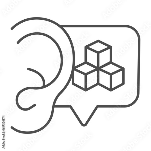 Human ear with gossip bubble thin line icon, multiverse concept. Vector graphics. Gossip of token dialogue listening sign on white background, outline style icon for mobile or web design.