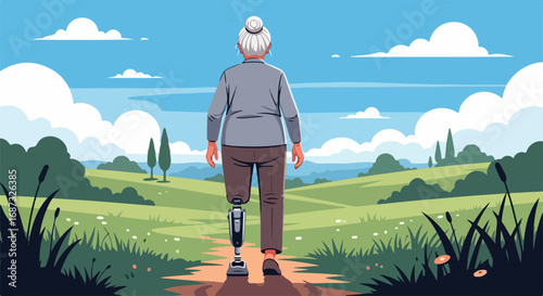 An illustration depicts Woman with prosthetic leg on nature trail, set against vast landscape.
