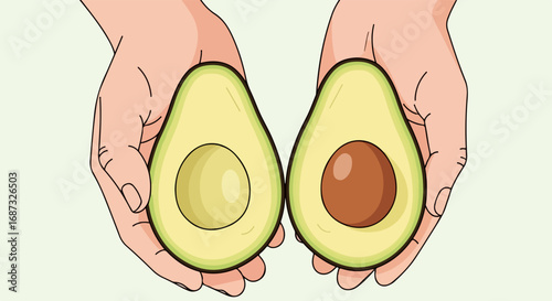 Holding avocado halves in hands, showcasing freshness and natural goodness. Freshness of avocado halves reveals creamy flesh and vibrant color, highlighting health benefits and culinary possibilities.