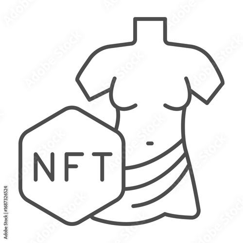 Woman statue with non fungible token thin line icon, NFT multiverse concept. Vector graphics. Famous sculpture artwork sign on white background, outline style icon for mobile or web design.