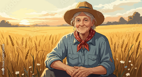Farmer woman sits in golden field at sunset with wheat stalks around her, farmer woman enjoying rural landscape. Elderly farmer woman in straw hat working in agriculture fields.