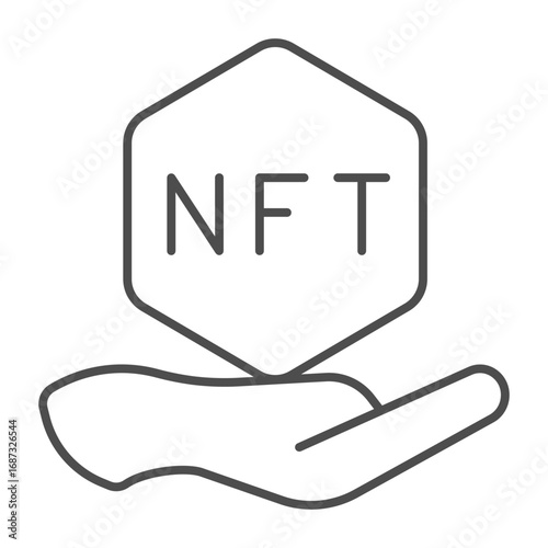 Hand with non fungible token thin line icon, NFT multiverse concept. Vector graphics. Token file in hand sign on white background, outline style icon for mobile or web design.