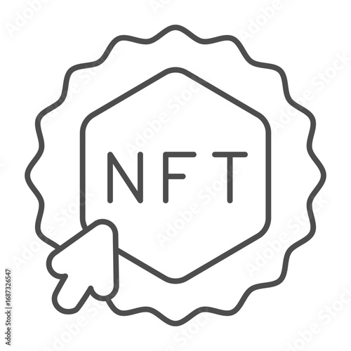 Sticker with non fungible token and cursor thin line icon, NFT multiverse concept. Vector graphics. Token and mouse pointer sign on white background, outline style icon for mobile or web design.