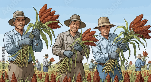 Sorghum harvest by smiling farmers working in field. Sorghum harvest showcases hardworking men in a field, tending to crops and the cultivation work involved.