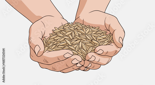 Hands holding grain with golden seeds displayed on open palms, symbolizing nature's abundance. Two hands display rich grains, illustrating natural processes and agricultural harvest season.