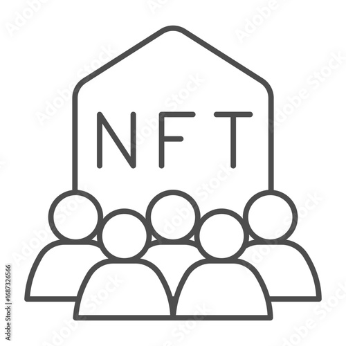 Non fungible token with group of users thin line icon, NFT multiverse concept. Vector graphics. Gamers society, publicity sign on white background, outline style icon for mobile or web design.