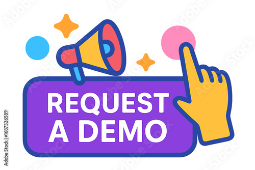 Colorful hand icon pointing at "Request a Demo" button graphic 
