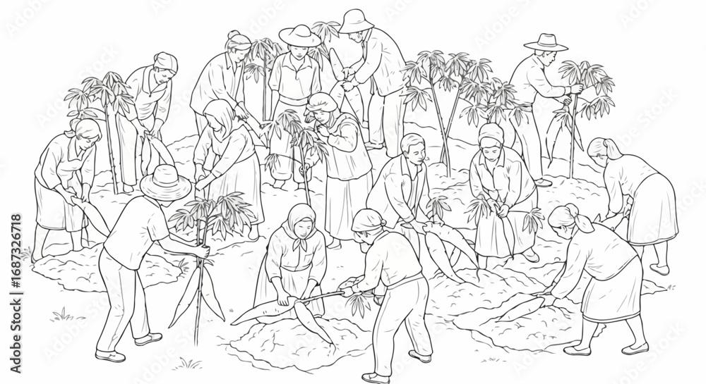 Fototapeta premium People working in garden, sketch shows group of workers gardening. Workers gardening by hand is very healthy and brings happiness. Garden scene with many workers gardening for mental clarity.