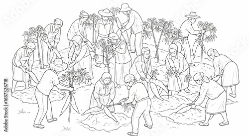 People working in garden, sketch shows group of workers gardening. Workers gardening by hand is very healthy and brings happiness. Garden scene with many workers gardening for mental clarity.