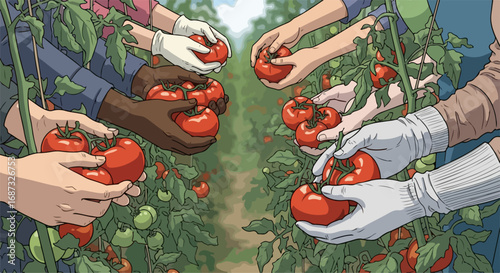 Harvesting tomatoes together, people pick ripe tomatoes in garden setting, gathering abundance. Harvesting tomatoes scene shows diverse hands, gloved and bare, working side by side,