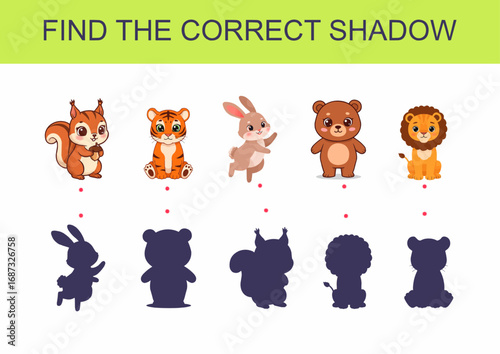 Cartoon animals with shadows for a matching game illustration  
