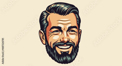 Man portrait illustration featuring bearded man with friendly smile and cheerful eyes against cream background. Man portrait depicts confidence, optimism, and approachability.