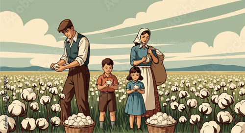 Harvesting cotton with family in field, capturing rural life. Family harvesting cotton in the wide fields is a hard work but united activity, capturing rural life in a peaceful way.